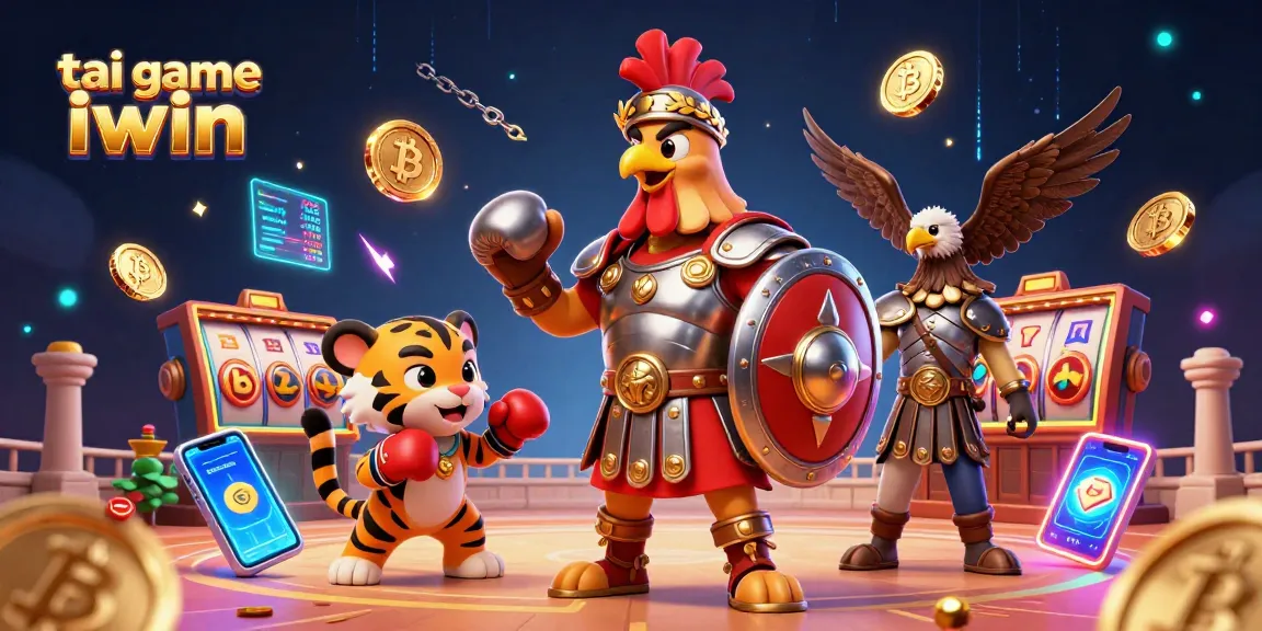 Engage with tai game iwin in this vibrant, energetic casino-themed 3D illustration showcasing a rooster warrior.