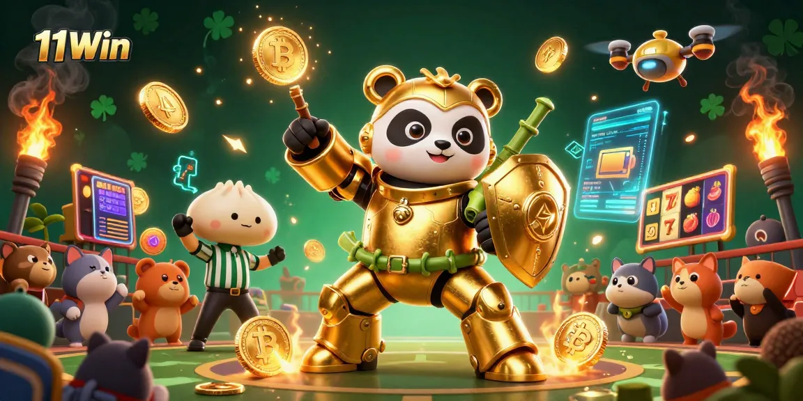 Experience the excitement of 11Win with vibrant slots and crypto elements in a dynamic, illustrated casino scene.