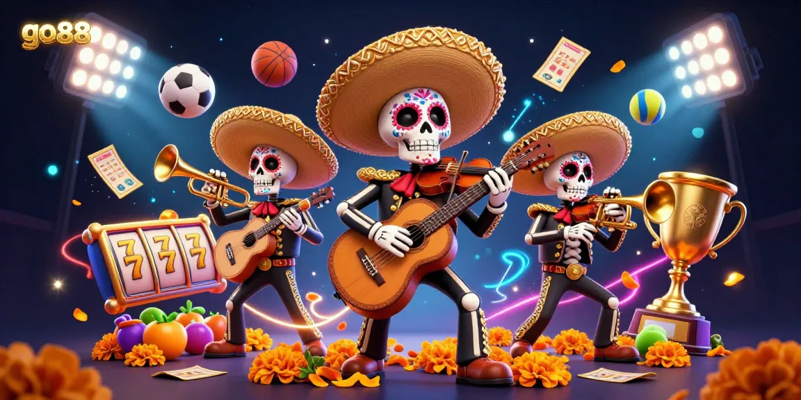 Engage with go 88's vibrant casino world through colorful Day of the Dead skeletons and rich gaming elements.