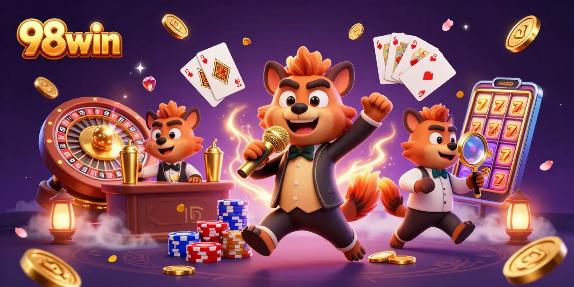 Experience fun at 98win's casino with lively hyenas featuring games, sparkling coins, and vibrant atmosphere.