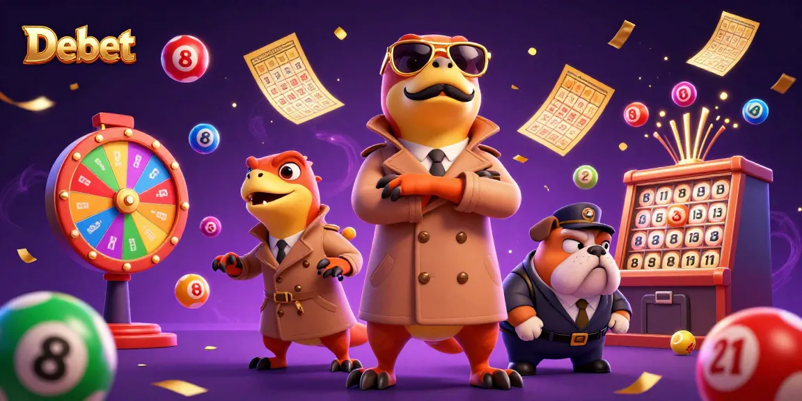 Experience fun and excitement with Debet while lottery balls bounce around in a lively casino scene.