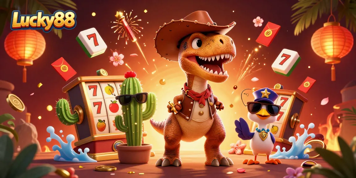 Spin the reels with Lucky88 featuring a cowboy dinosaur and friends for a fun casino experience.