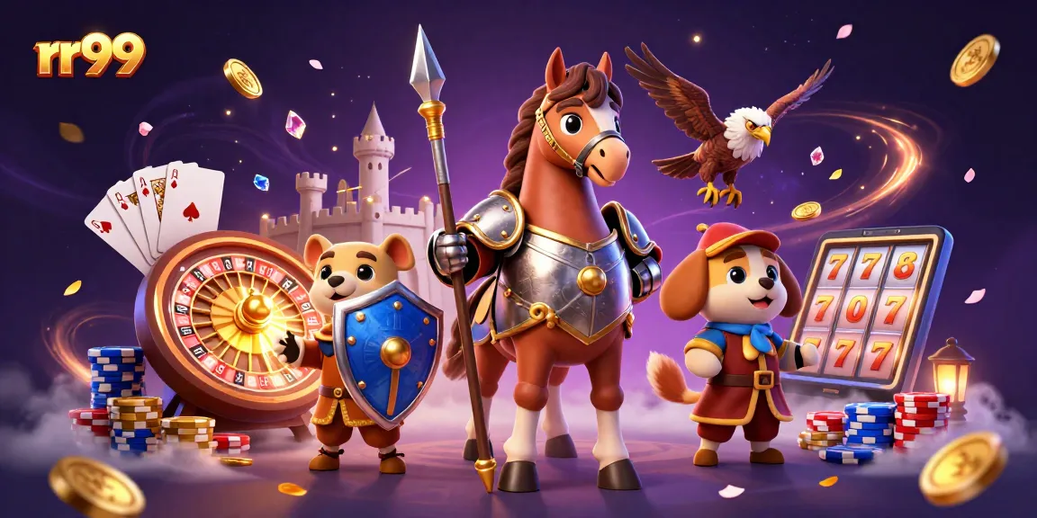 Experience jackpot excitement at rr99 with a knight and squire amidst casino treasures.