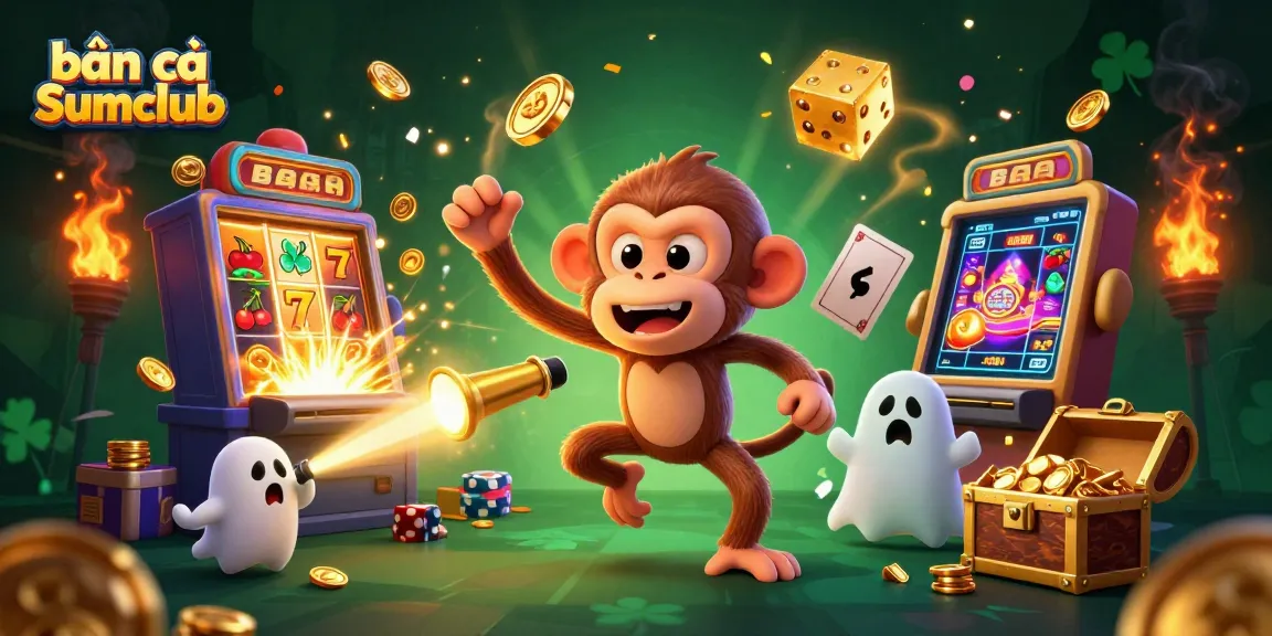 Engage with the thrilling bắn cá Sumclub experience as a poltergeist monkey juggles treasures in a lively casino scene.