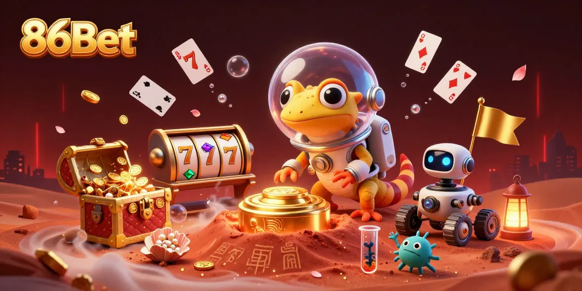 Experience the excitement of 86Bet with a Martian gecko discovering a golden casino in vibrant space.