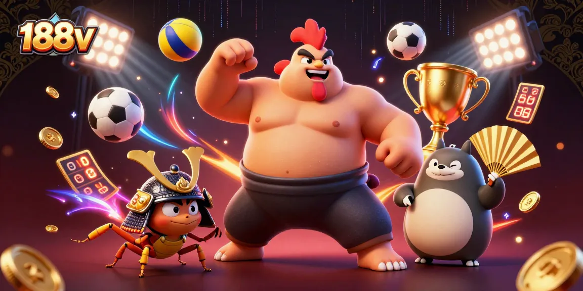 Experience the thrill of 188v with sumo wrestlers and cricket in a vibrant casino scene.