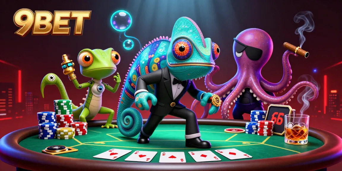 Experience 9BET excitement with vibrant casino characters at a poker table.