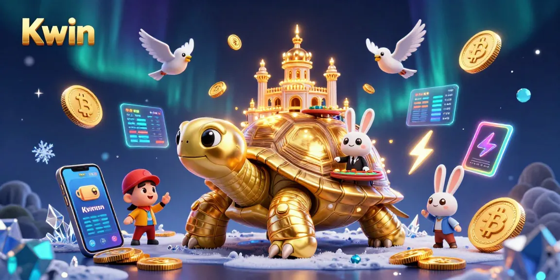 Experience stunning gameplay at Kwin with an interactive 3D casino scene featuring golden tortoises and crypto coins.