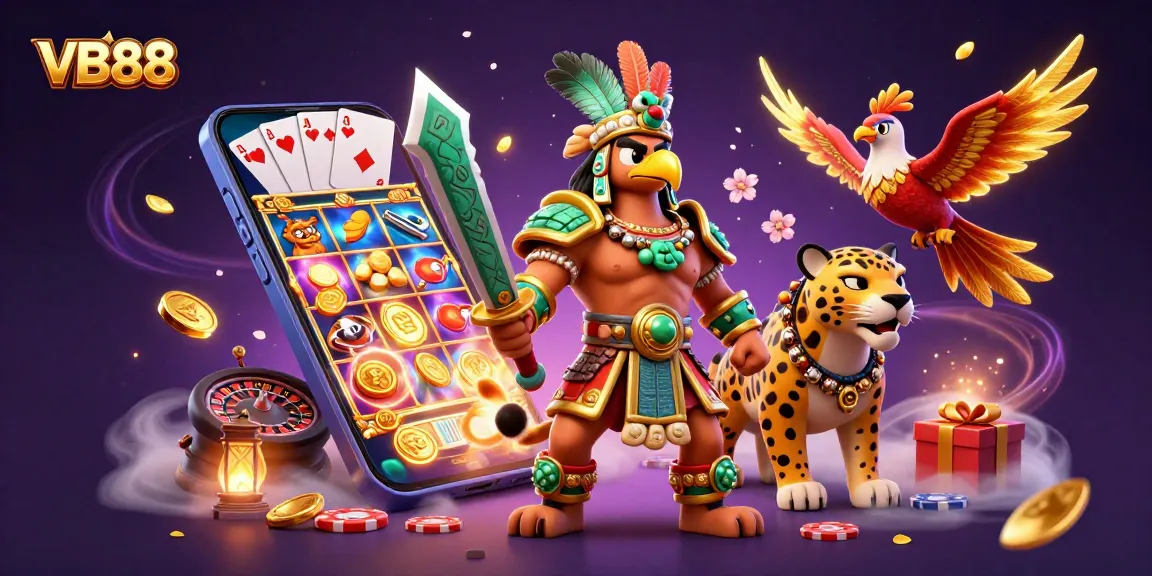 Spin the reels and win big at VB88 with a thrilling casino scene featuring vibrant characters.