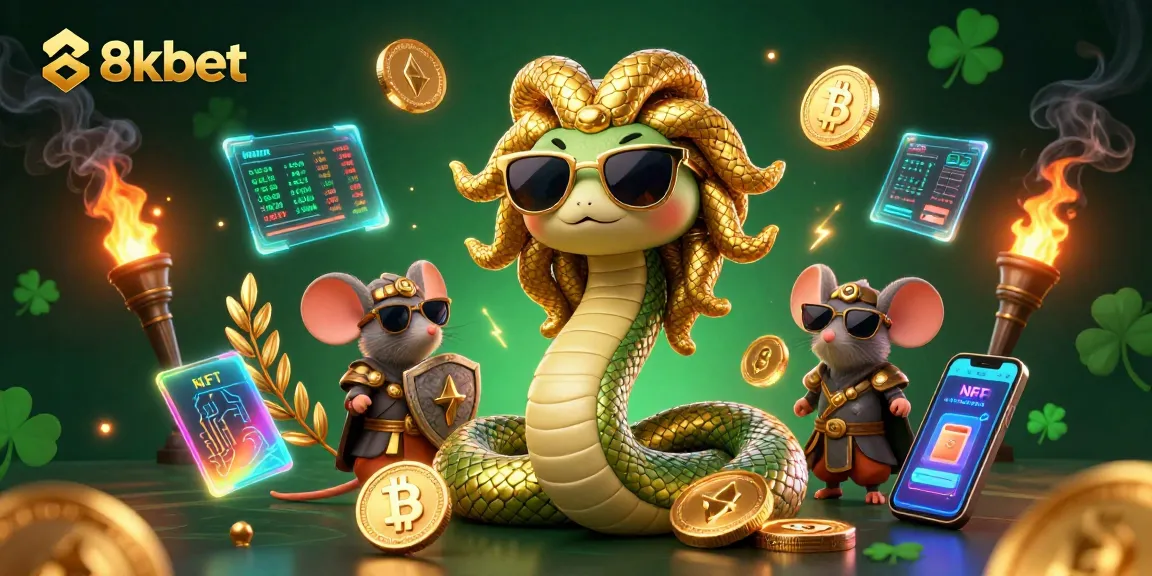 Betting in 8xbet's lively casino, featuring a cheerful Medusa and a warrior mouse, filled with glowing crypto tokens.