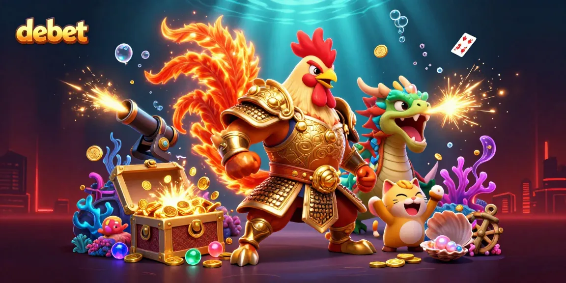 Engage with debet’s exciting gaming world with a vibrant illustration of a rooster warrior and dragon hatchling.