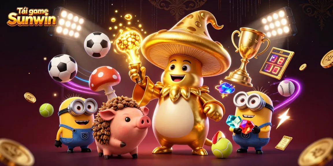 Tải game Sunwin in a vibrant scene with a golden mushroom wizard, sports elements, and treasures.