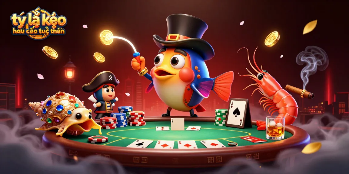 Experience the excitement of tỷ lệ kèo nhà cái trực tuyến with dynamic characters like a top-hat anglerfish and golden coins.