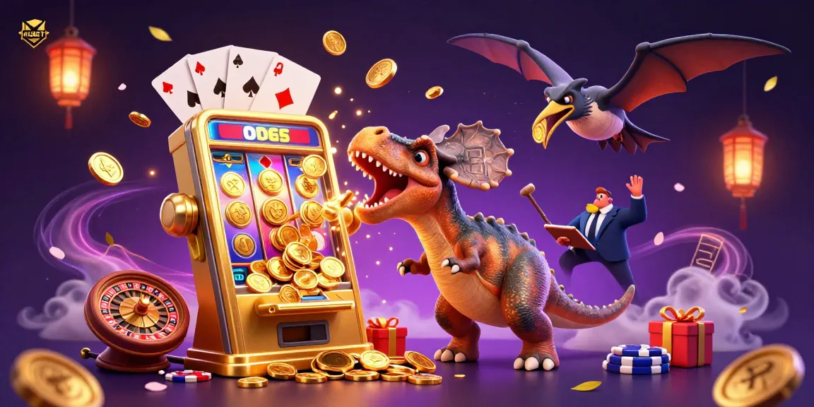 MUBET showcases a cartoon dinosaur headbutting a golden slot machine amid a flurry of golden coins, exemplifying casino excitement.