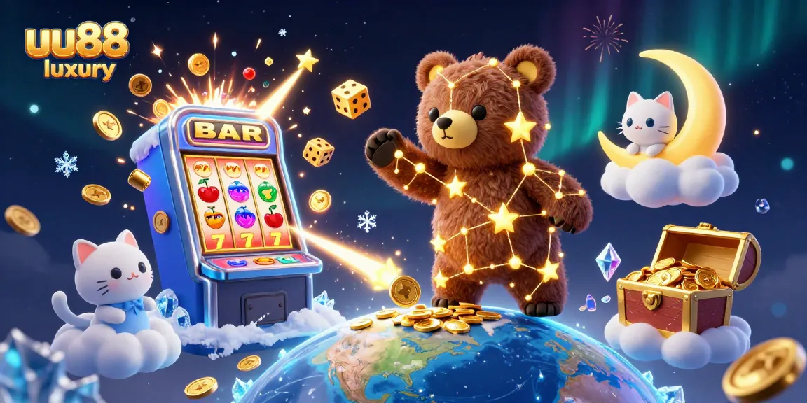Play exciting games at uu88 luxury, featuring vibrant slots, golden coins, and magical characters.