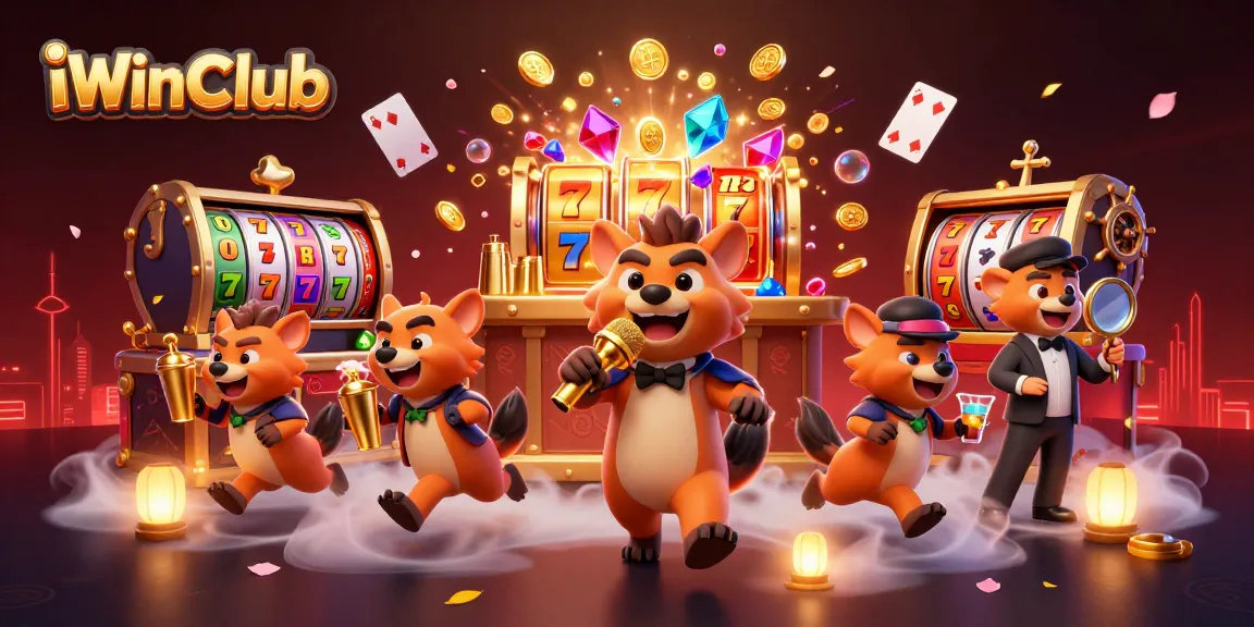 Engage in thrilling gameplay at iWinClub with cartoon hyenas in a vibrant casino scene, showcasing entertaining elements.