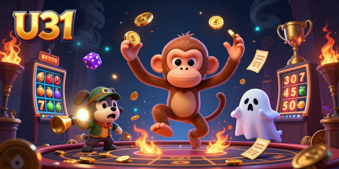 Engage with U31's thrilling atmosphere featuring a poltergeist monkey and a ghost-hunter puppy navigating a vibrant casino.