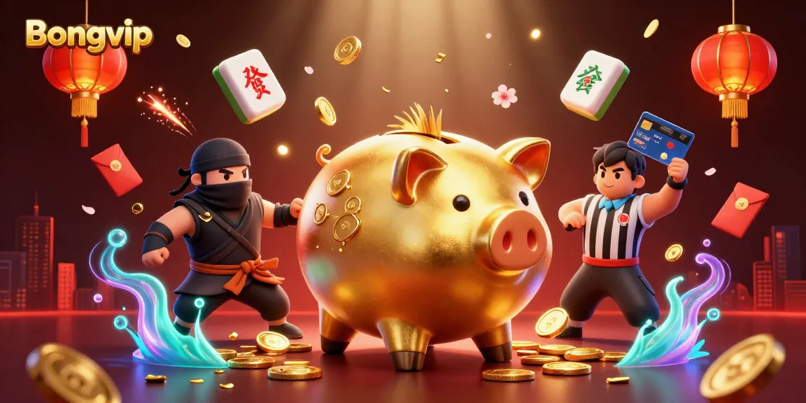 Bongvip players engage with a lively casino atmosphere featuring a gold piggy bank sumo wrestler, while winning exciting bonuses.