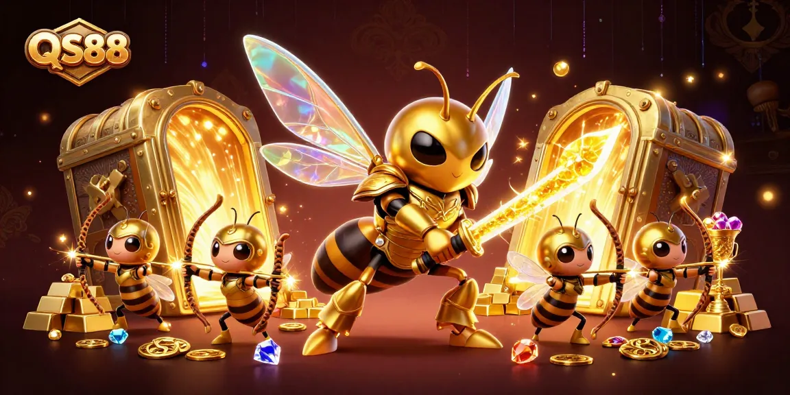 Experience thrilling action at QS88 with a giant golden hornet engaging in an epic casino battle.