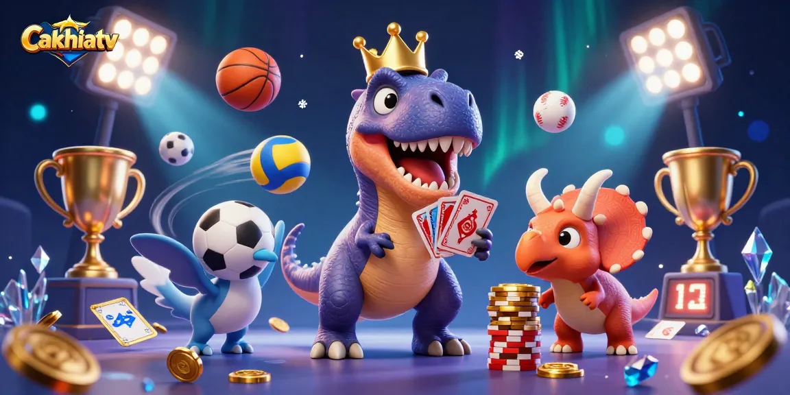 Cakhiatv brings to life a vibrant scene with a T-Rex and friends engaged in a thrilling card game, showcasing sports elements and dynamic action.