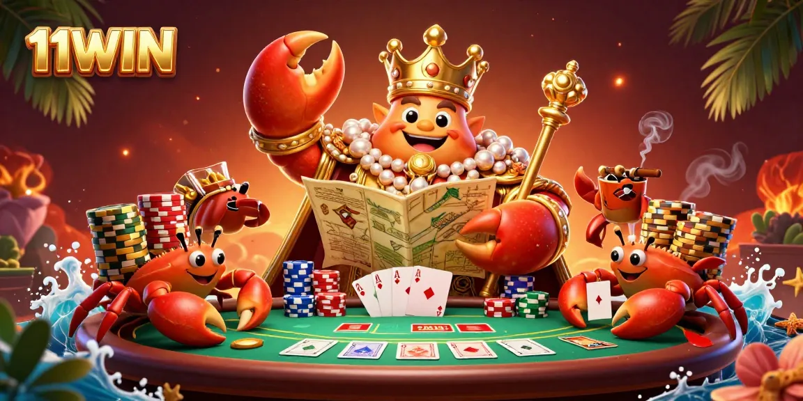 Experience thrilling poker adventures with 11WIN's golden crab emperor and colorful poker elements.