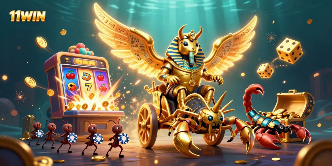 11WIN showcases a vibrant casino scene with a golden scarab beetle and dazzling slot machine action.