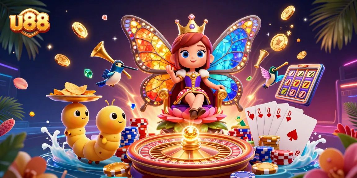 Experience the excitement of u88 casino with a vibrant butterfly queen and casino elements in action.