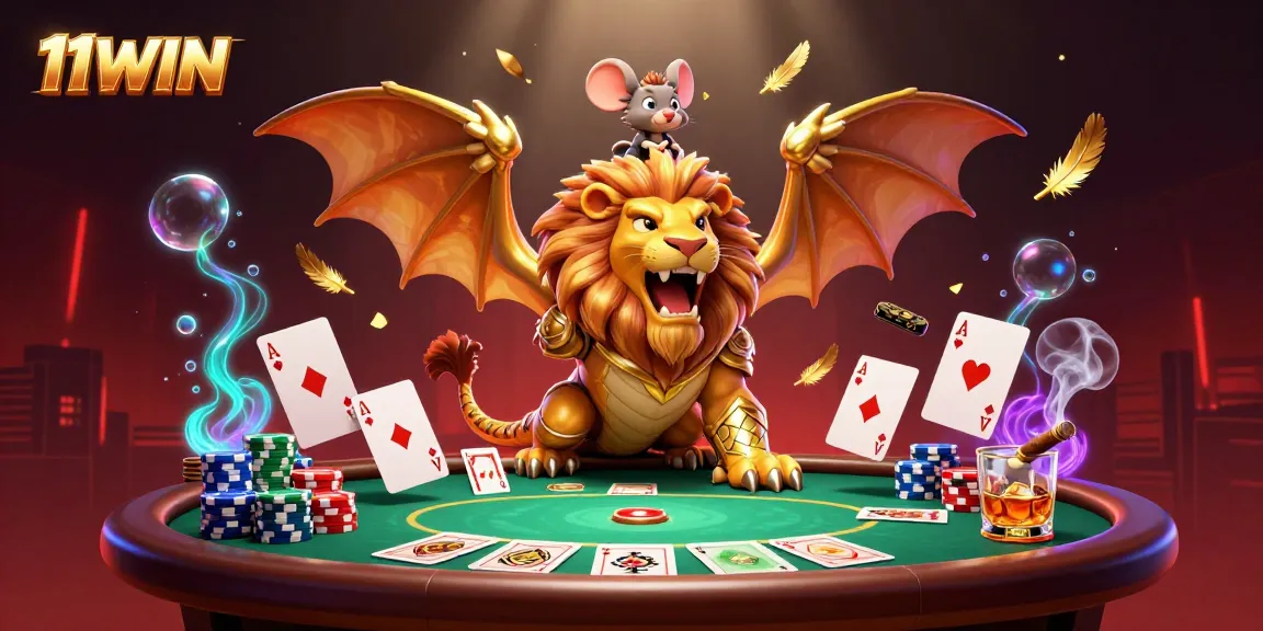 Experience thrilling gameplay with 11WIN as a chimera creature roars over a dynamic poker table.