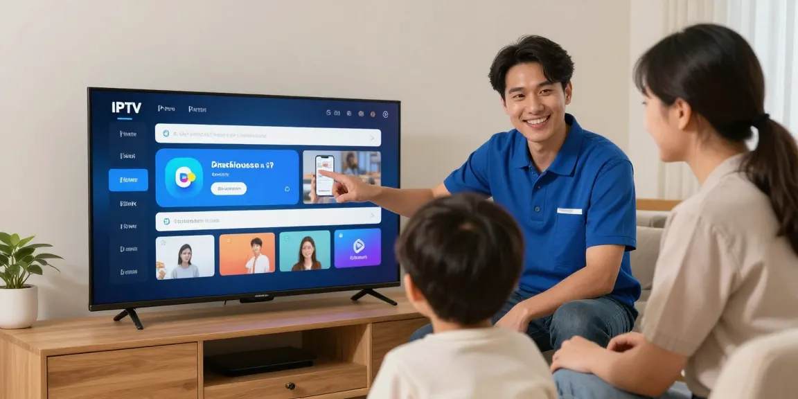 IPTV subscription setup with trusted local technician assisting family in their living room, showcasing community service.