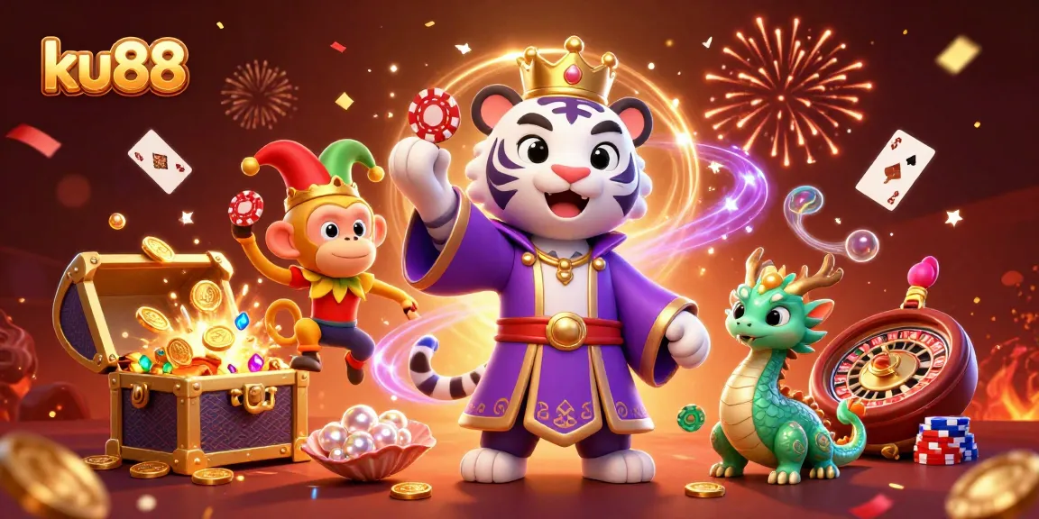Engage with ku88's thrilling casino experience featuring a vibrant tiger, monkey, and dragon.