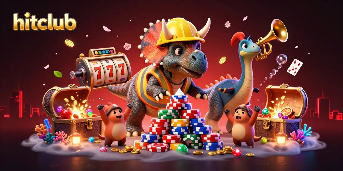 Join the vibrant hitclub scene with slot games, poker chips, and celebrating dinosaurs in a treasure-filled underwater world.