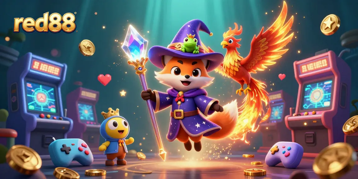 Exciting red88 gaming atmosphere with a wizard fox and phoenix amidst vibrant casino elements.