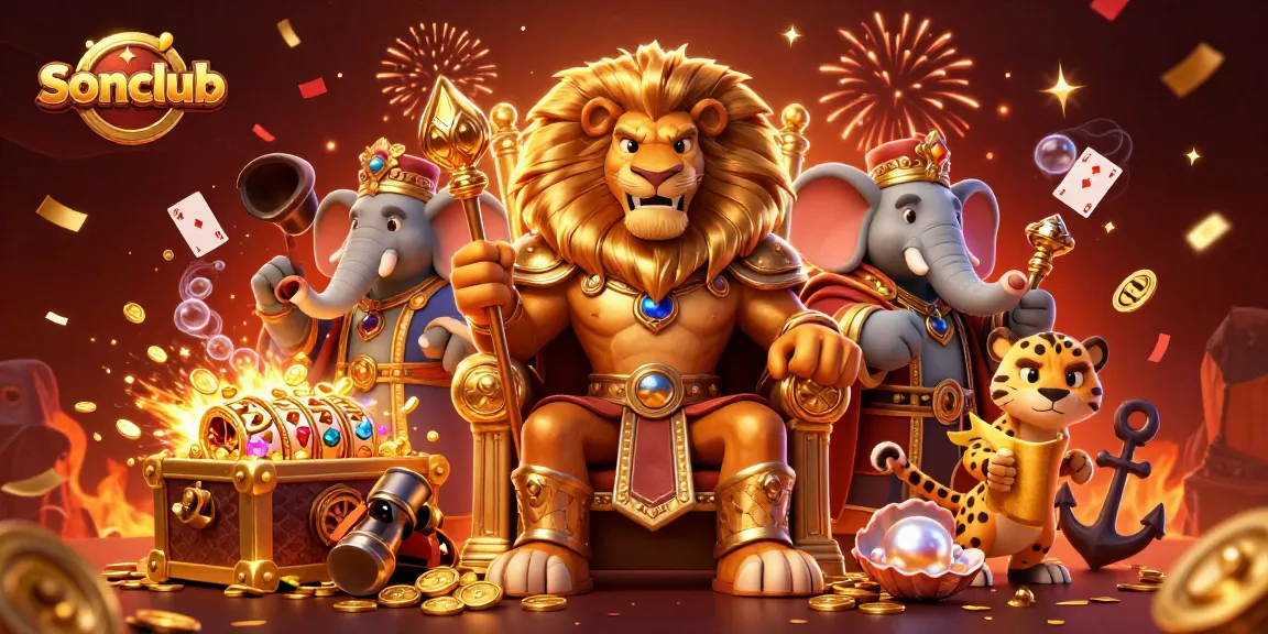 Experience the excitement of sonclub with a dramatic 3D scene featuring a lion king, casino elements, and vibrant colors.