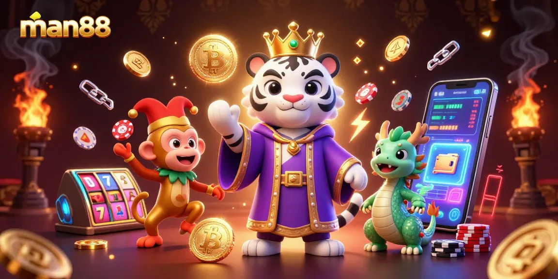 Experience the thrilling atmosphere of man88 with a lively tiger and monkey in a crypto-themed casino.