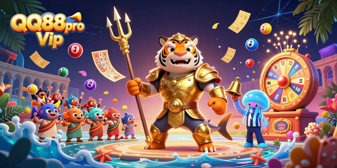 Experience the thrilling underwater action of QQ88pro Vip with golden shark gladiators and colorful lottery elements!