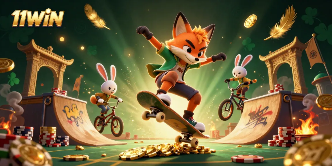 Experience thrilling gameplay with 11WIN on a vibrant casino-themed skateboard ramp scene.