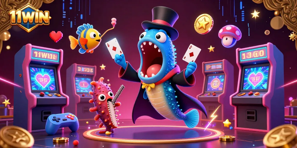 Experience magical card tricks with 11WIN characters in a vibrant underwater casino scene.