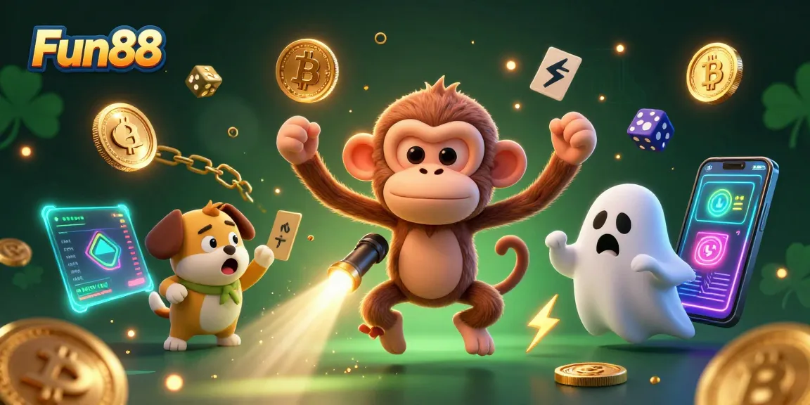 Experience the Fun88 thrill with a lively illustration of a mischievous monkey juggling winnings in a vibrant casino scene.