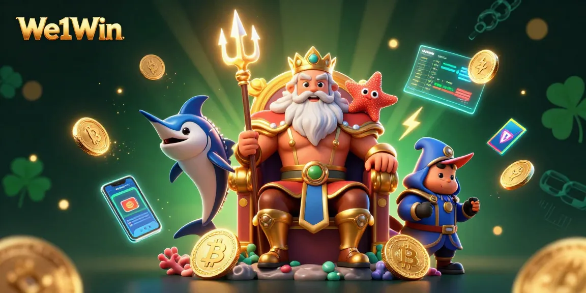 Experience the thrill of We1Win with Neptune and treasures in a vibrant casino-themed 3D illustration.
