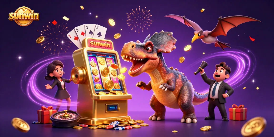 Experience the thrill of sunwin with dynamic characters celebrating jackpot wins amidst colorful casino elements.