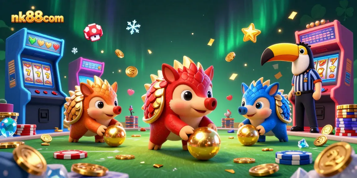 Bowling pangolins and colorful casino elements in action at nk88com, vibrant slot game scene.