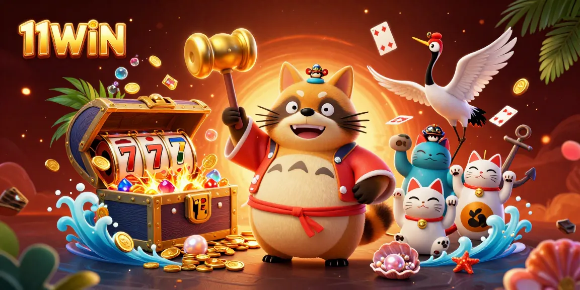 Experience 11WIN’s vibrant casino scene with cheerful characters and thrilling slot elements.