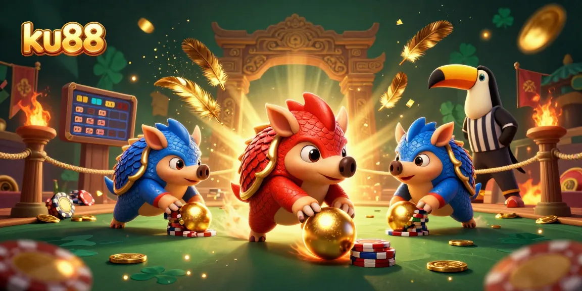 ku88 pangolins compete in a vibrant casino scene filled with poker chips and golden scales