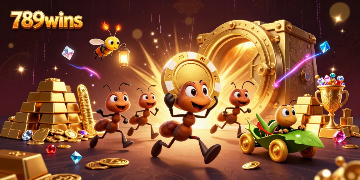 Ants pull a giant golden chip in a vibrant casino heist scene, highlighting 789wins for thrill-seekers.
