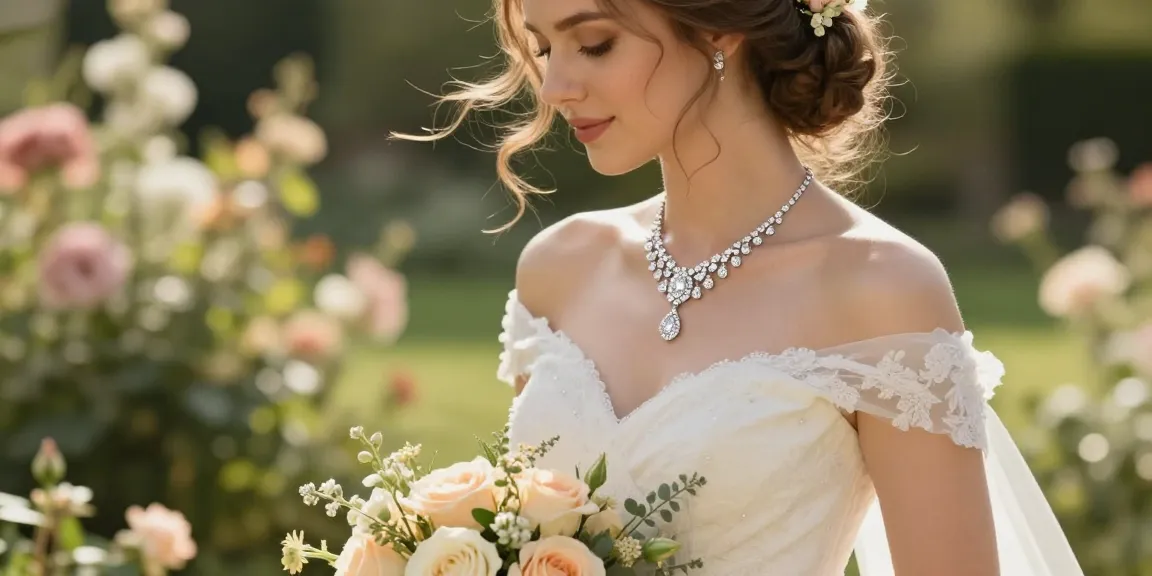 Bridal diamond necklace on a bride outdoors in a garden, showcasing elegance and romance.