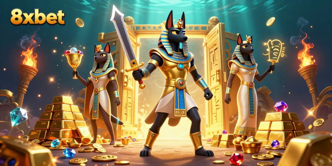 Experience thrilling adventures with 8xbet's ancient Egyptian-themed casino illustration featuring Anubis and riches.