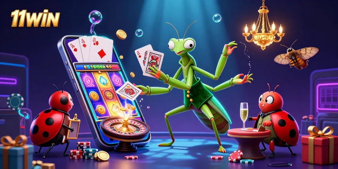11WIN showcases an engaging scene with a giant praying mantis card sharp, ladybug pit boss, and slot game action.