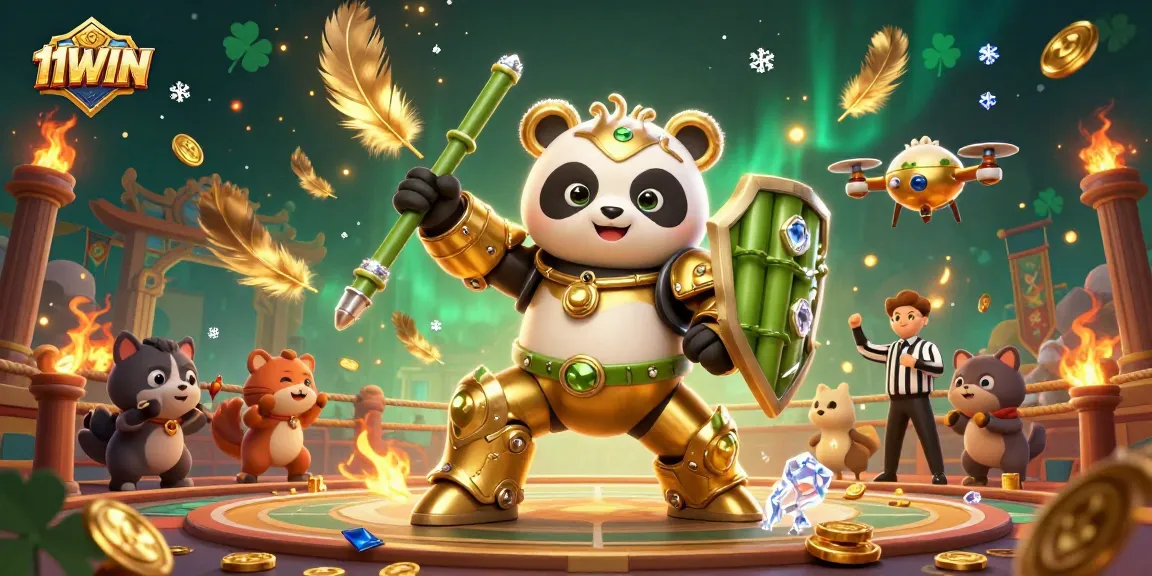 Experience thrilling moments at 11WIN with the mech-suit panda battling in a vibrant casino arena.
