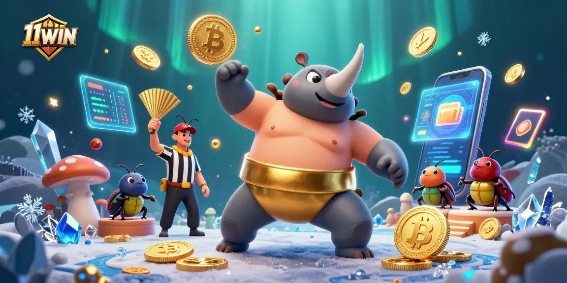 Experience the excitement of 11WIN with a dynamic scene featuring a sumo champion beetle amid floating crypto coins.
