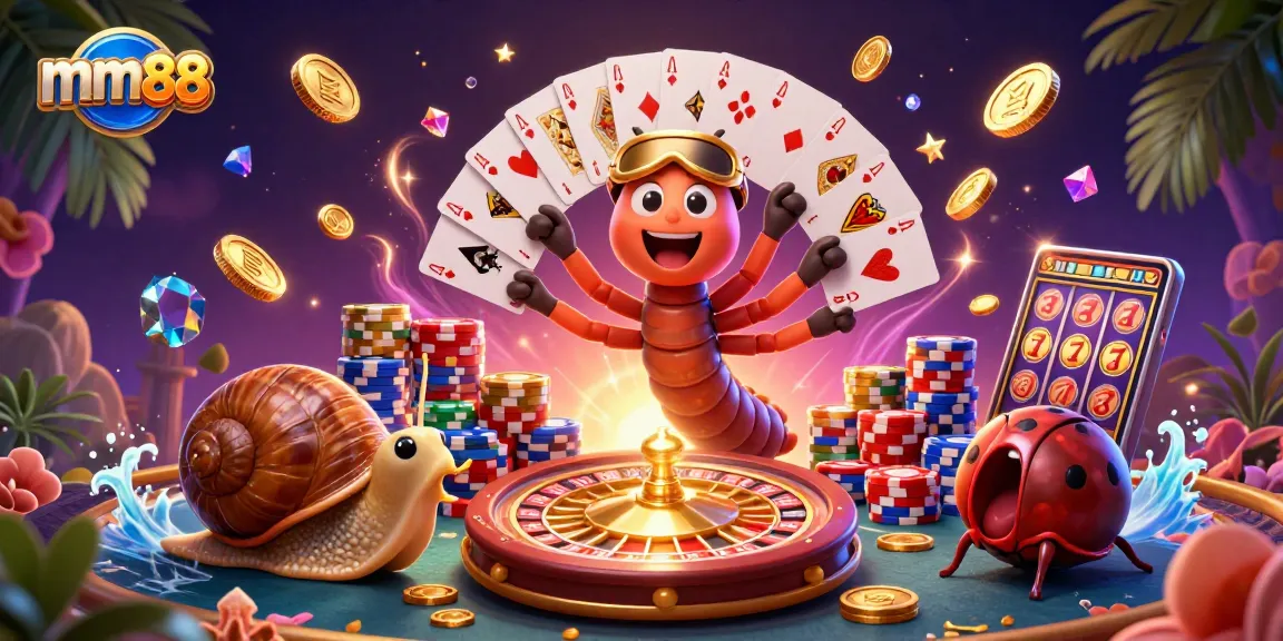 Experience vibrant cm88 excitement with an animated dealer showcasing winning cards amidst cascading coins.